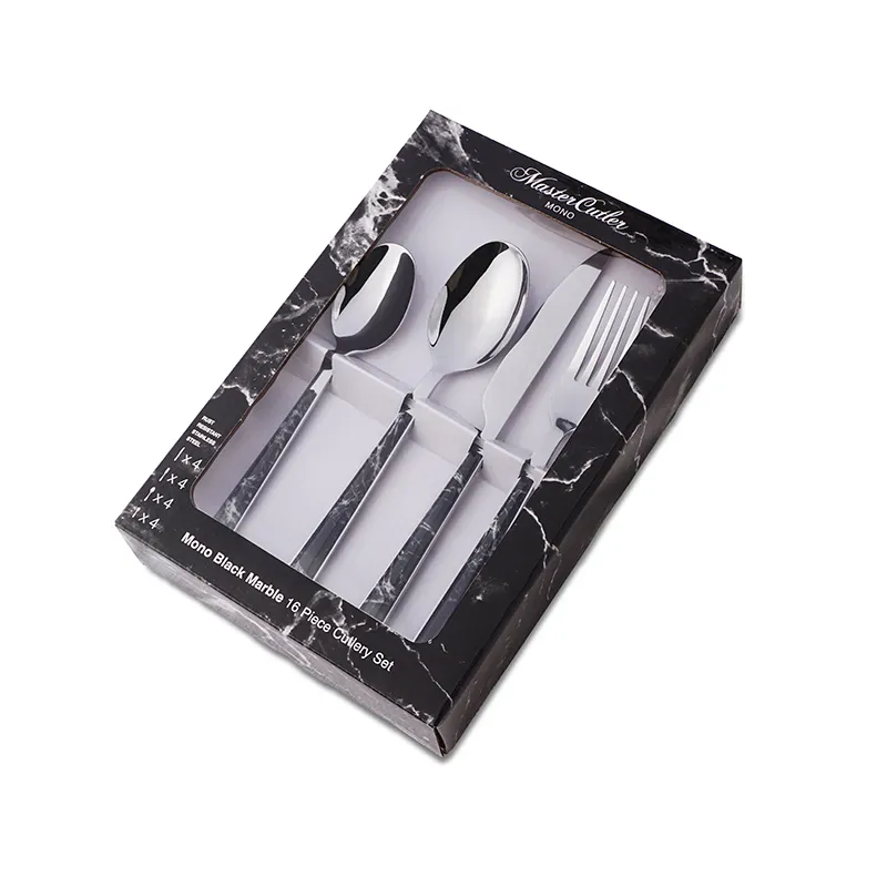 المصنع مباشرة طقم أدوات مائدة من الفولاذ المقاوم للصدأ بمقبض بلاستيكي رخامي 5 نجوم للفندق قابل لإعادة الاستخدام من الفولاذ المقاوم للصدأ طقم أدوات مائدة من 20 قطعة ملعقة شوكة سكين شوكة