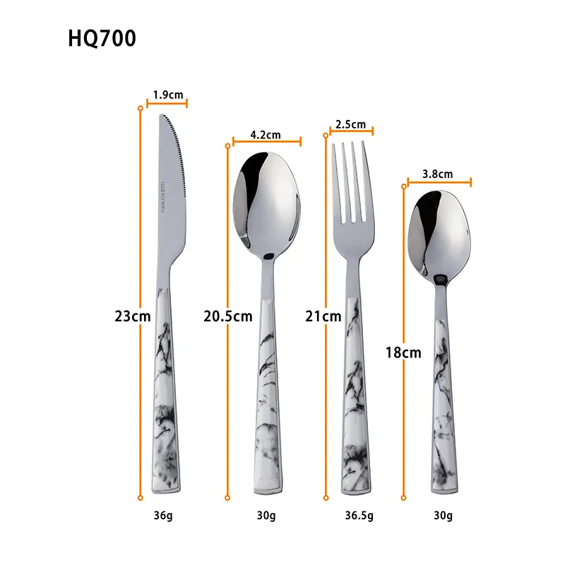المصنع مباشرة طقم أدوات مائدة من الفولاذ المقاوم للصدأ بمقبض بلاستيكي رخامي 5 نجوم للفندق قابل لإعادة الاستخدام من الفولاذ المقاوم للصدأ طقم أدوات مائدة من 20 قطعة ملعقة شوكة سكين شوكة