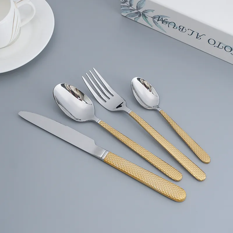 High Quality Plated Knife Fork Spoon Set Hotel Restaurant Silverware Hammered Cutlery Gold