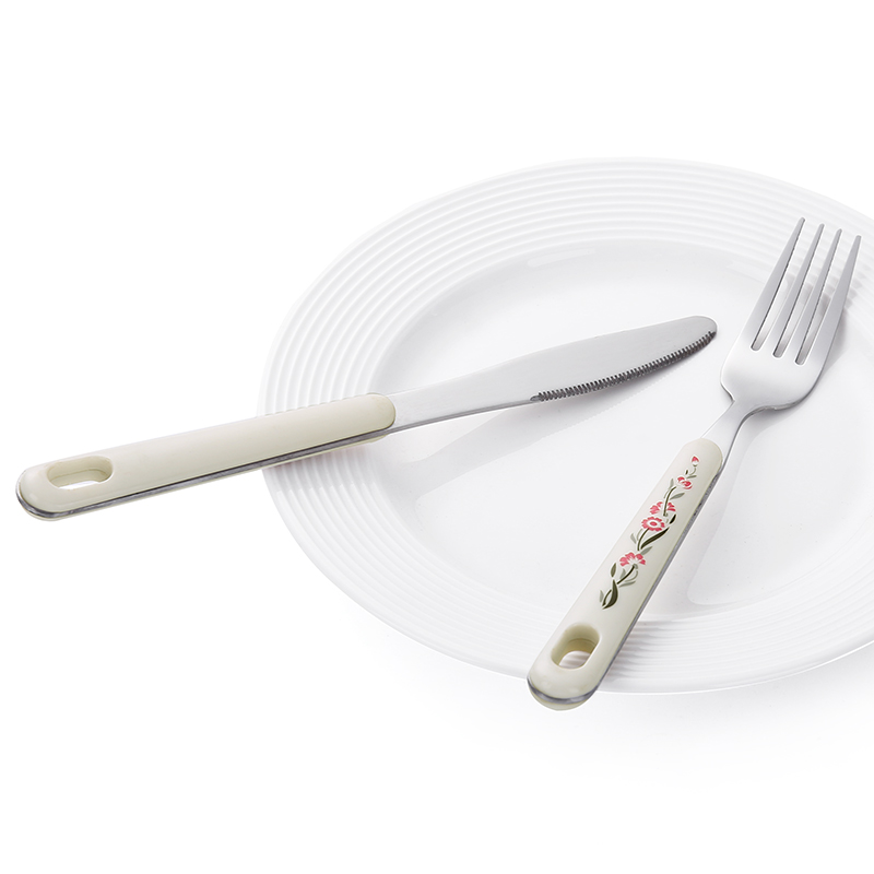 practical stainless steel long tang cutlery set with plastic handle stainless steel knife fork spoon flatware set