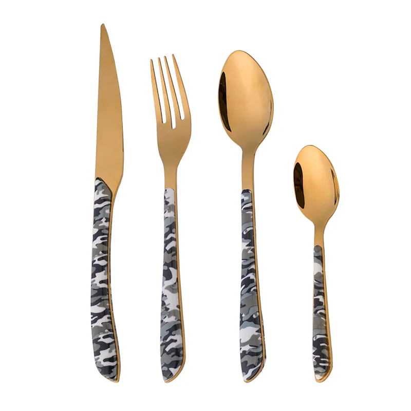 plastic handle cutlery set stainless camouflage spoon teaspoon steak fork knife stainless steel flatware set