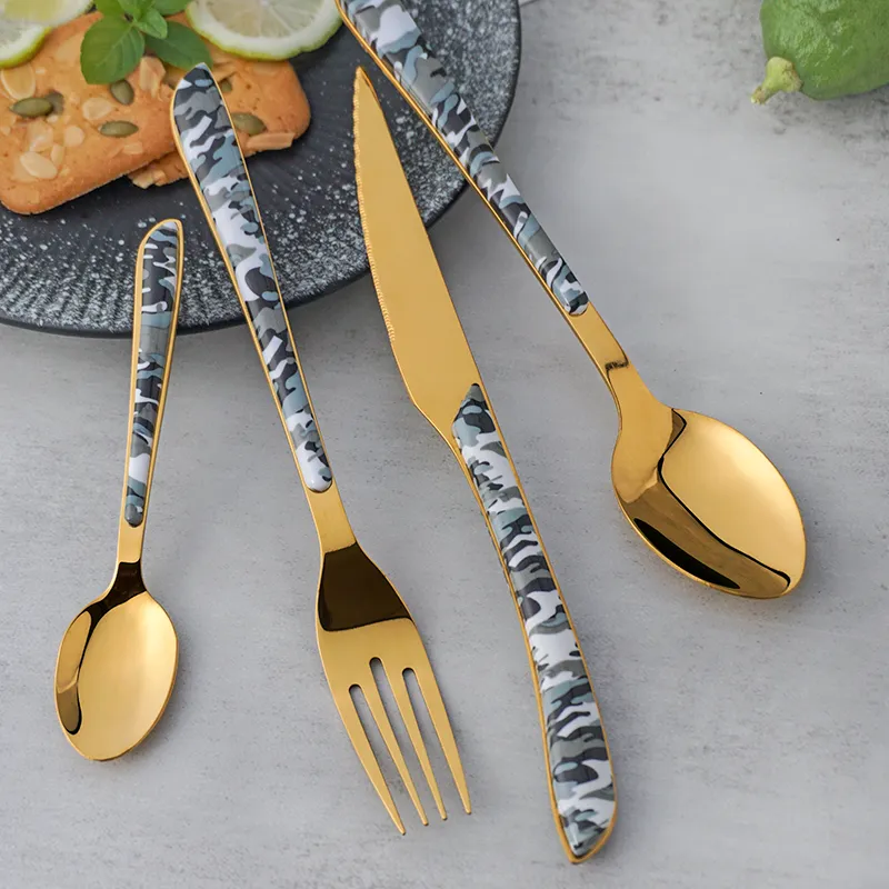 plastic handle cutlery set stainless camouflage spoon teaspoon steak fork knife stainless steel flatware set