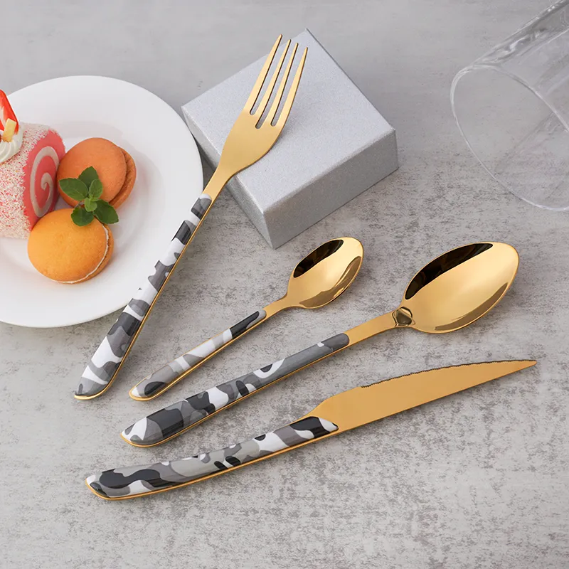 plastic handle cutlery set stainless camouflage spoon teaspoon steak fork knife stainless steel flatware set