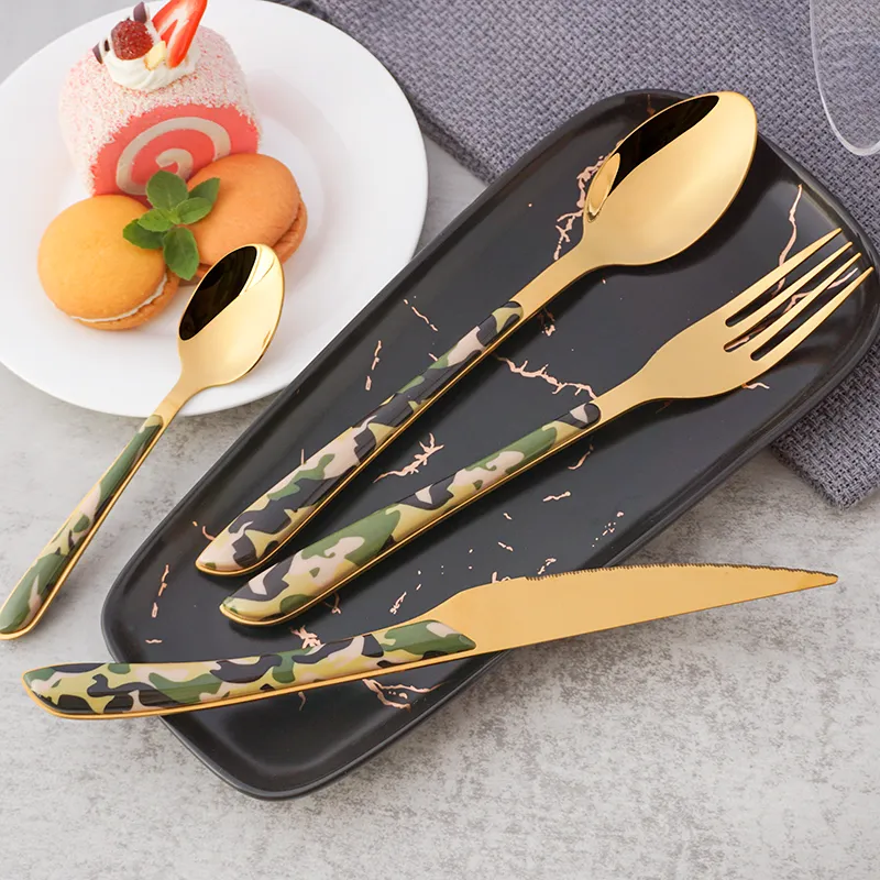 plastic handle cutlery set stainless camouflage spoon teaspoon steak fork knife stainless steel flatware set