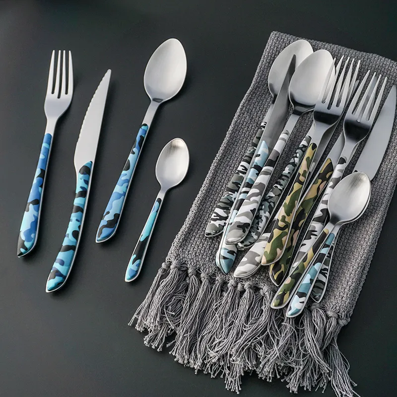 طقم أدوات مائدة بتصميم جديد لمطعم الفندق أدوات مائدة بتصميم عصري عصري مموه بمقبض بلاستيكي