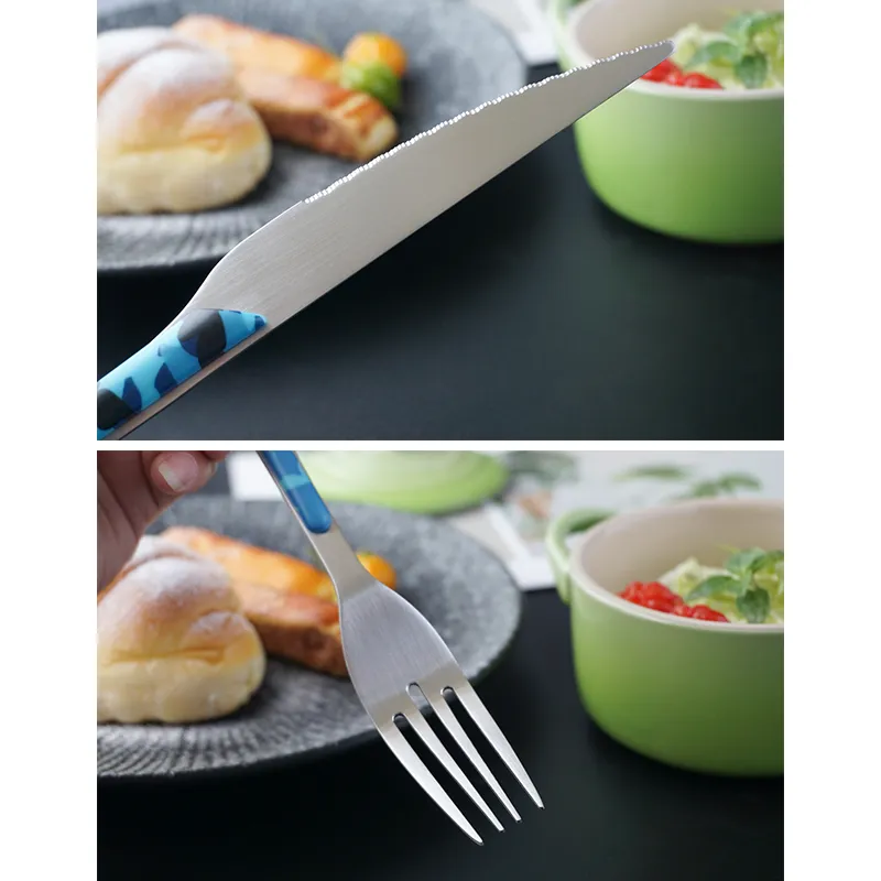 طقم أدوات مائدة بتصميم جديد لمطعم الفندق أدوات مائدة بتصميم عصري عصري مموه بمقبض بلاستيكي