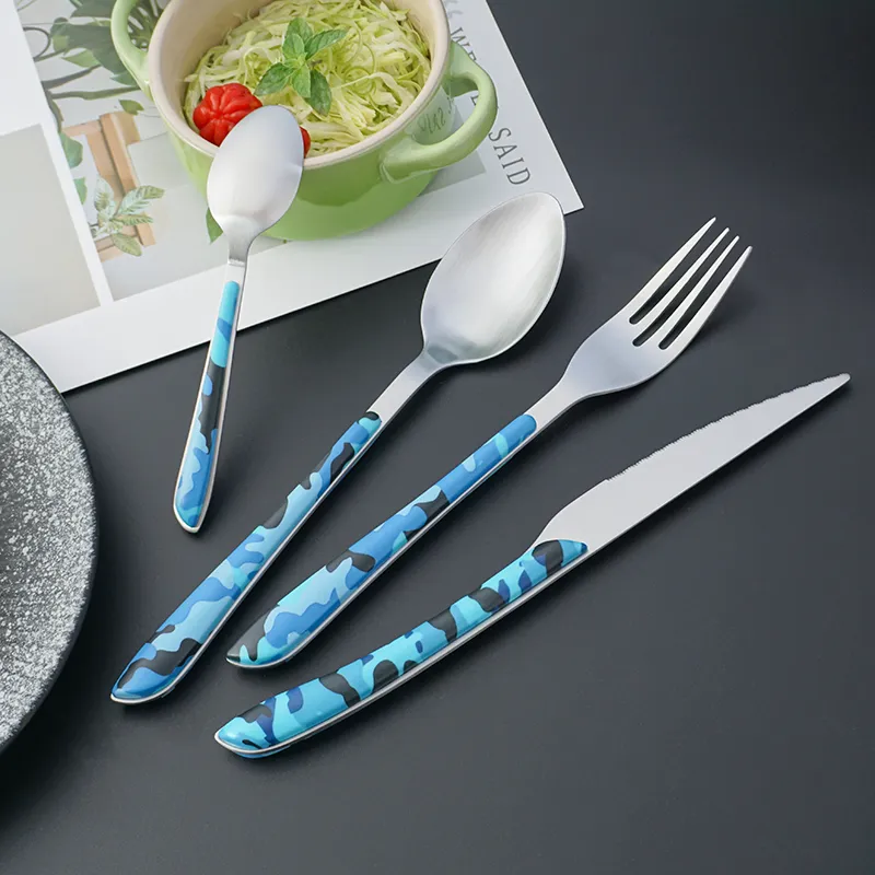 طقم أدوات مائدة بتصميم جديد لمطعم الفندق أدوات مائدة بتصميم عصري عصري مموه بمقبض بلاستيكي