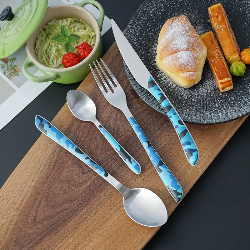 طقم أدوات مائدة بتصميم جديد لمطعم الفندق أدوات مائدة بتصميم عصري عصري مموه بمقبض بلاستيكي