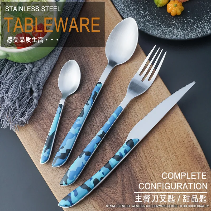 طقم أدوات مائدة بتصميم جديد لمطعم الفندق أدوات مائدة بتصميم عصري عصري مموه بمقبض بلاستيكي