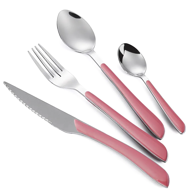 wholesale reusable custom logo cutipol plastic handle elegant cutlery set stainless steel 24pcs spoon fork knife