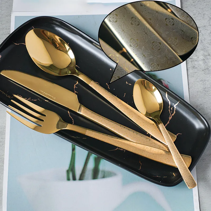 حار بيع الساخن أدوات المائدة شوكة سكين ملعقة ملعقة صغيرة 4 قطع طقم أدوات مائدة من الفولاذ المقاوم للصدأ مطلي بالذهب لفندق مطعم