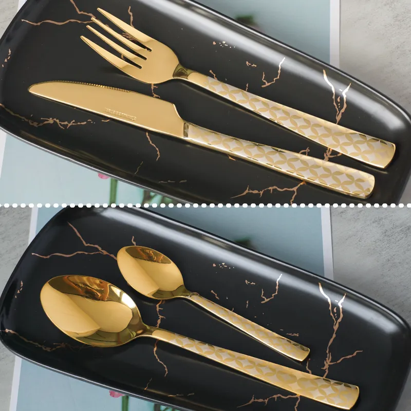 حار بيع الساخن أدوات المائدة شوكة سكين ملعقة ملعقة صغيرة 4 قطع طقم أدوات مائدة من الفولاذ المقاوم للصدأ مطلي بالذهب لفندق مطعم