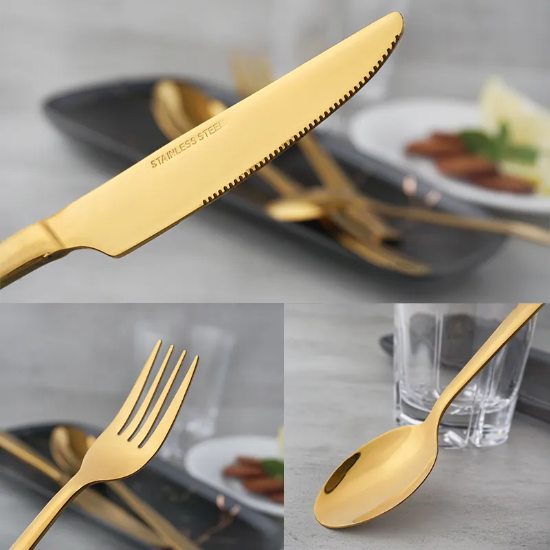 حار بيع الساخن أدوات المائدة شوكة سكين ملعقة ملعقة صغيرة 4 قطع طقم أدوات مائدة من الفولاذ المقاوم للصدأ مطلي بالذهب لفندق مطعم
