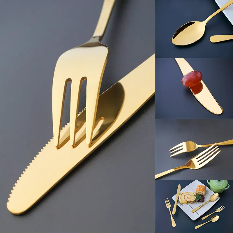 hochwertiges Edelstahl-Goldbesteck 5-tlg. Löffel-Gabel-Messer Dessert-Teelöffel-Gabel-Besteck-Set