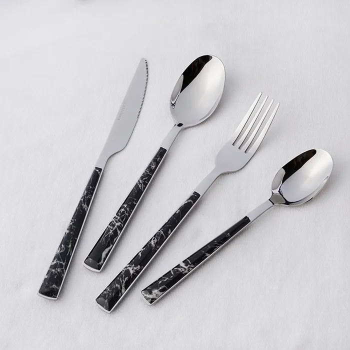 Großhandel Geschirr Marmor Kunststoffgriff wiederverwendbare Edelstahl-Besteck Set Löffel Gabel Messer Besteck Set