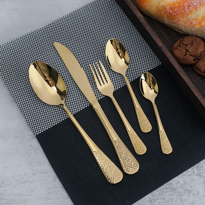 طقم أدوات مائدة من الفولاذ المقاوم للصدأ مطلي بالذهب الفاخر الحديث طقم أدوات مائدة من الفولاذ المقاوم للصدأ مصقول كالمرآة جاهز للشحن بسعر منخفض